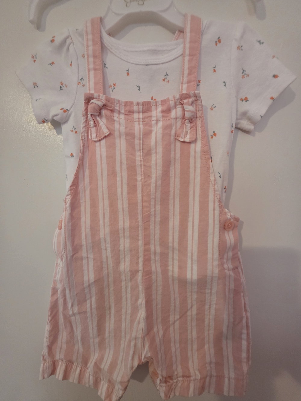 Carter's Pink & White Striped Shortie Overalls Set